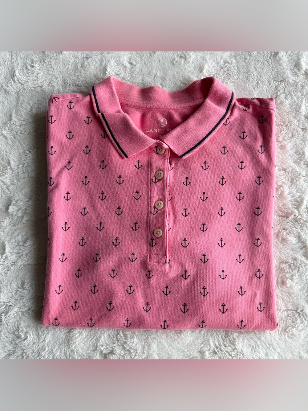 Lands End Polo Shirt Womens Small Pink Cotton Short Sleeve Anchor Nautical Sail